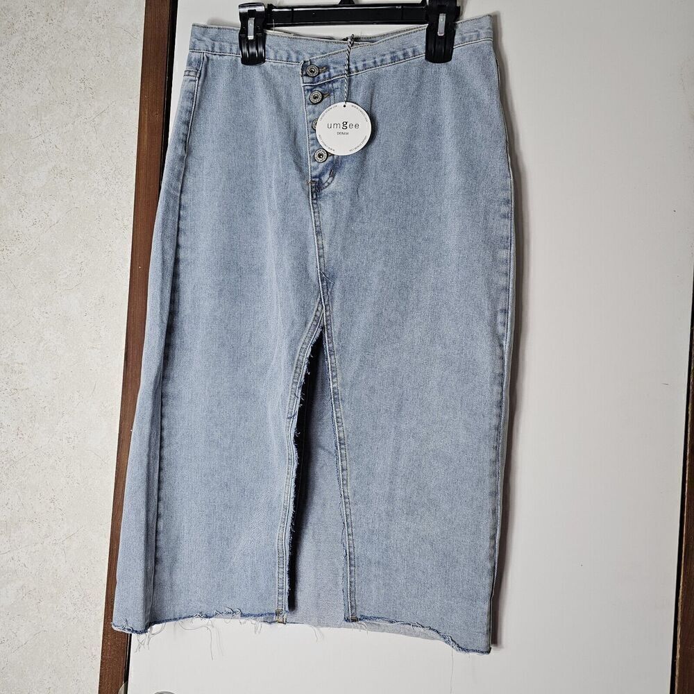 Nwt Umgee Asymmetrical Front Split Denim Skirt Women's Size Large Button Fly - Picture 2 of 8